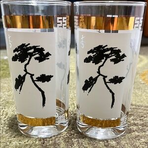Elegant Gold and Black Bonsai Tree Design Glass Tumblers